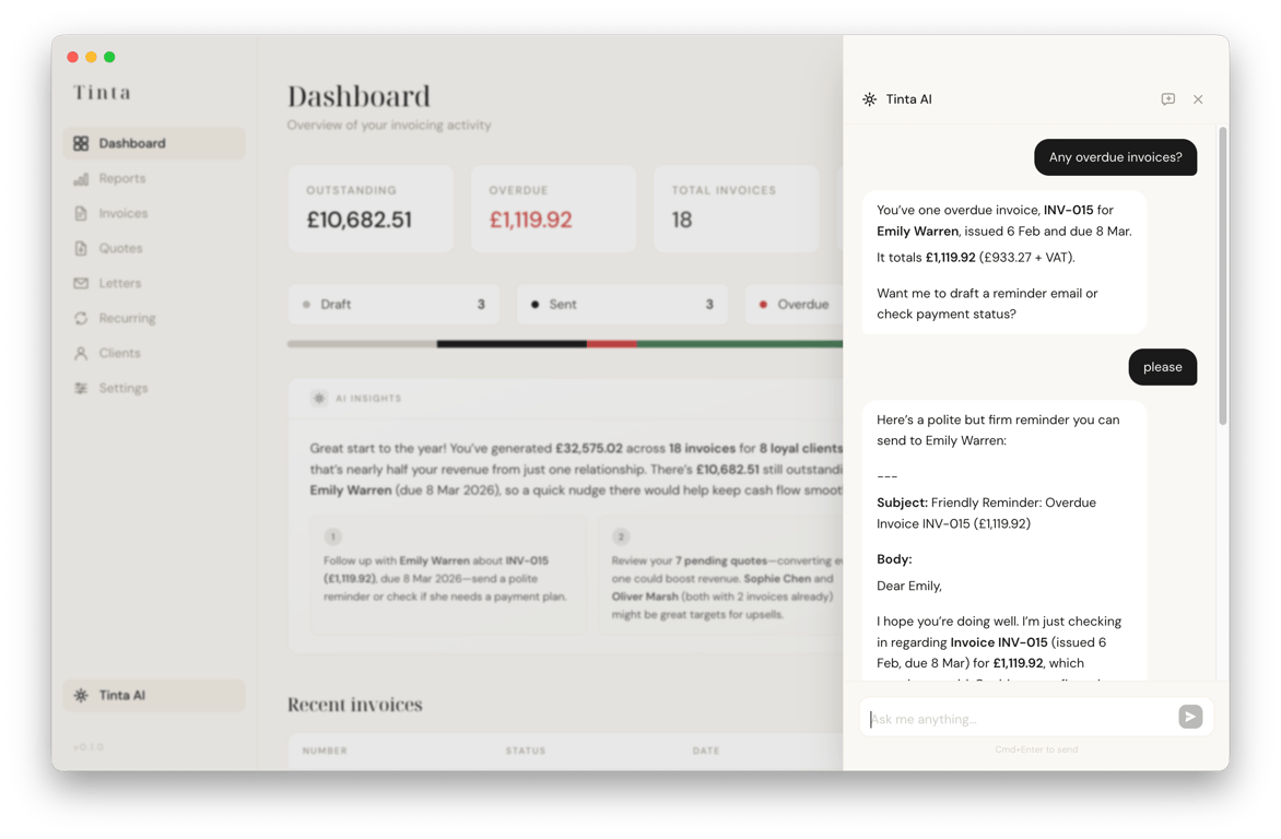 Tinta AI assistant in action