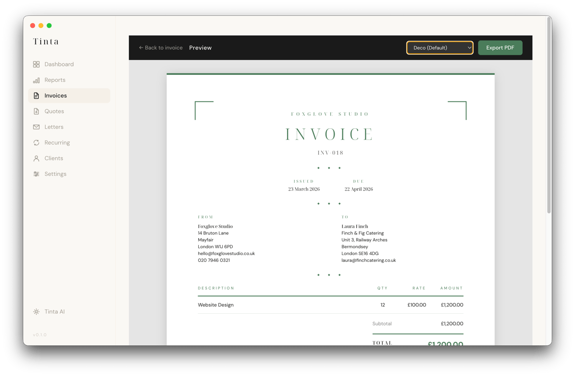 Tinta invoice preview with professional template