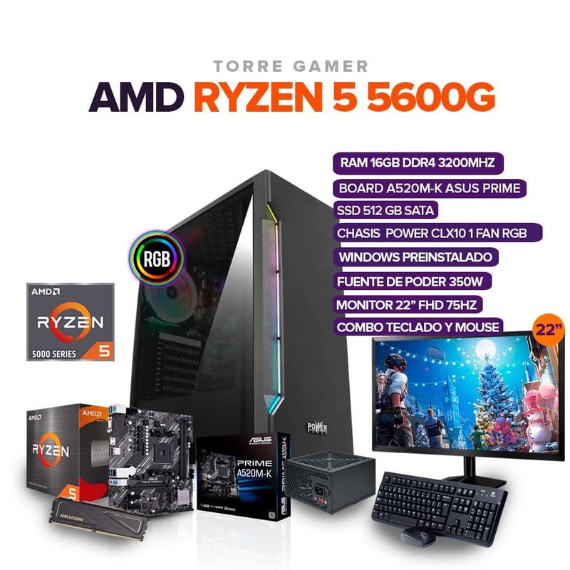 TORRE GAMER RYZEN 5 5600G 16GB RAM SSD 512GB BOARD A520M MONITOR 22