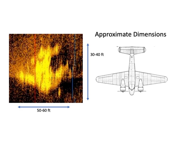 A sonar image that may be Amelia Earhart's airplane alongside a diagram of the aircraft.