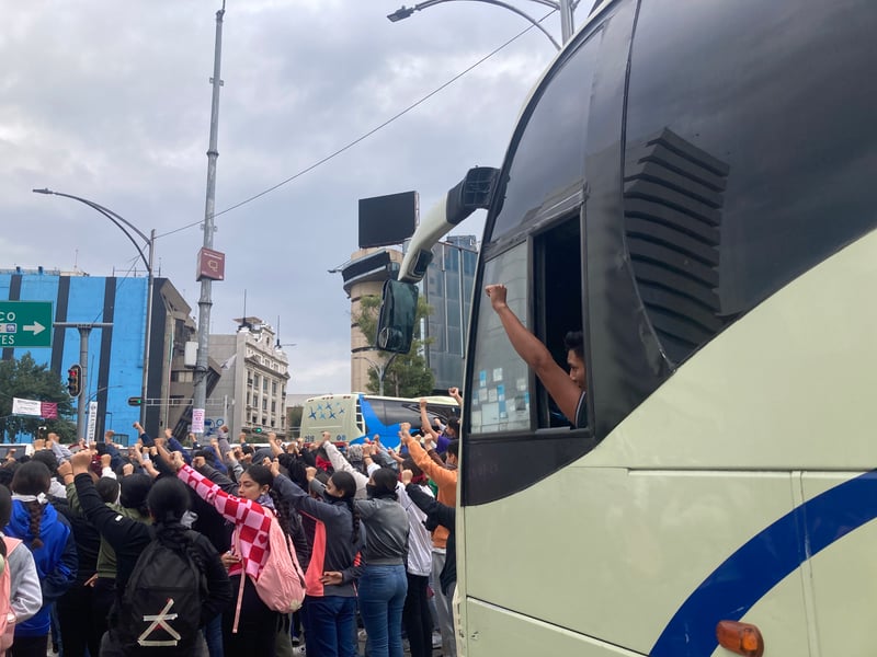 Students from Ayotzinapa rural school in Guerrero arrive in Mexico City on busses to commemorate 10th anniversary of massacre.