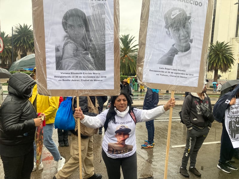 A woman stands up two signs, one of her missing son, in the street in Mexico City.