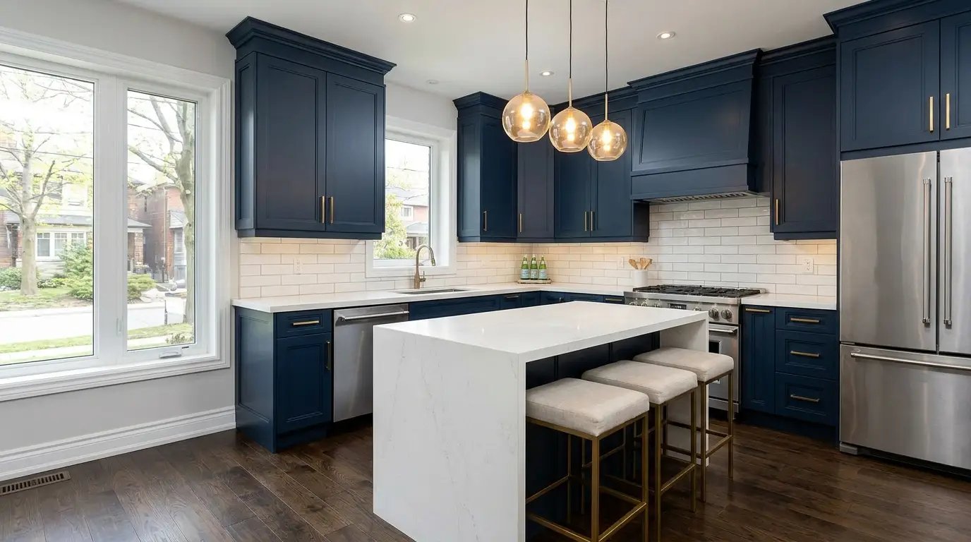 High-end kitchen renovation with navy blue cabinetry and white marble countertops
