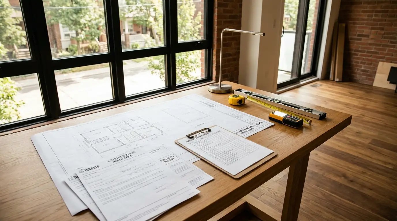 Renovation contractor workspace with architectural blueprints, permit documents, and contractor checklist on a table in a Toronto home