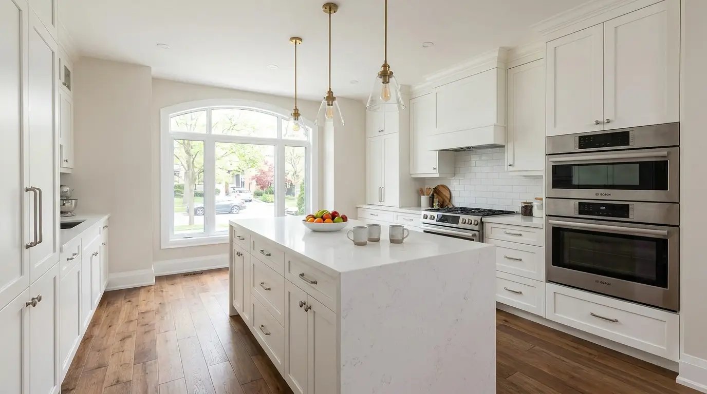 Modern white kitchen renovation in Toronto with quartz waterfall island and stainless steel appliances
