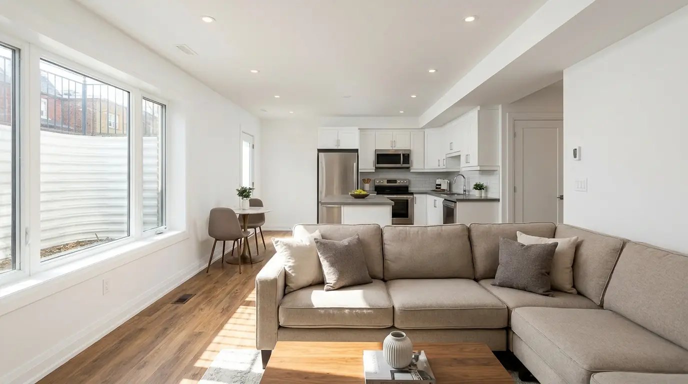 Legal basement suite in Toronto - finished open-plan living area with egress window, luxury vinyl plank flooring, and modern finishes
