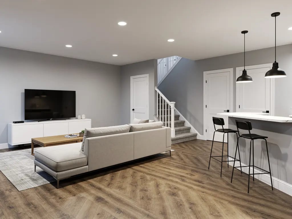 Finished basement renovation with open living space