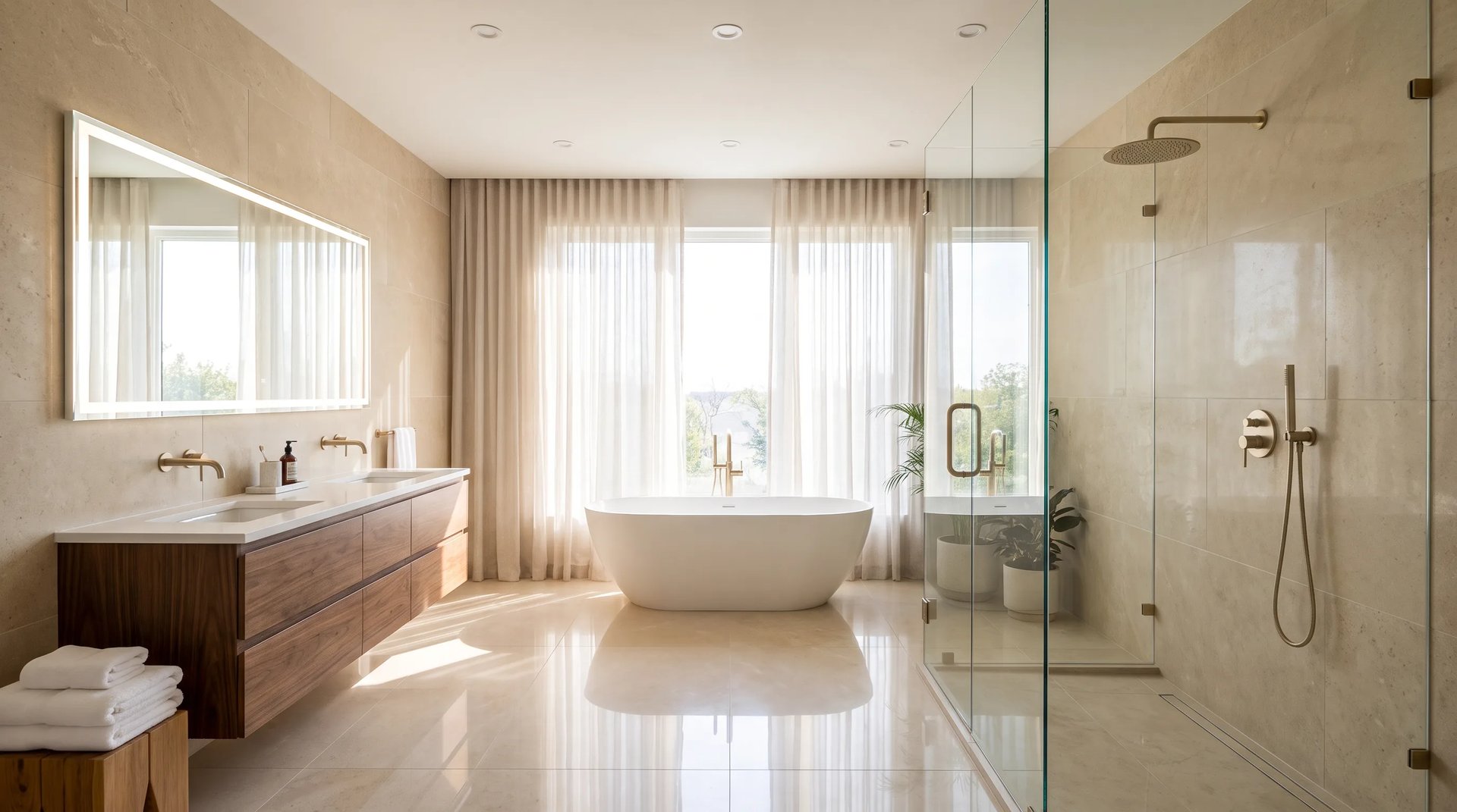 Modern luxury East York bathroom renovation with freestanding tub, glass shower, and walnut vanity