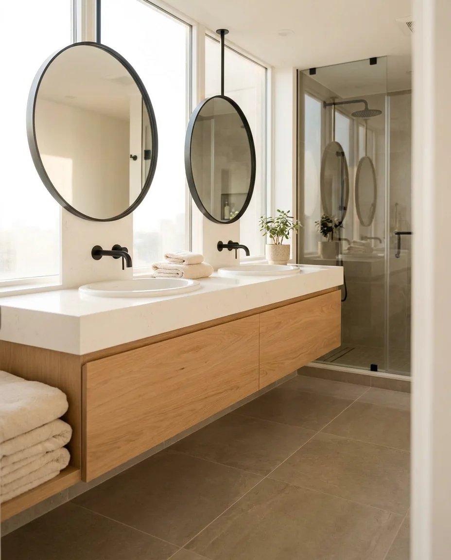 Luxury East York ensuite bathroom renovation - floating vanity and walk-in shower
