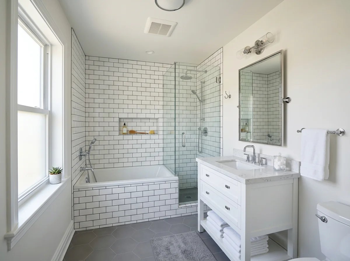 East York family bathroom renovation with tub, glass shower, and subway tile