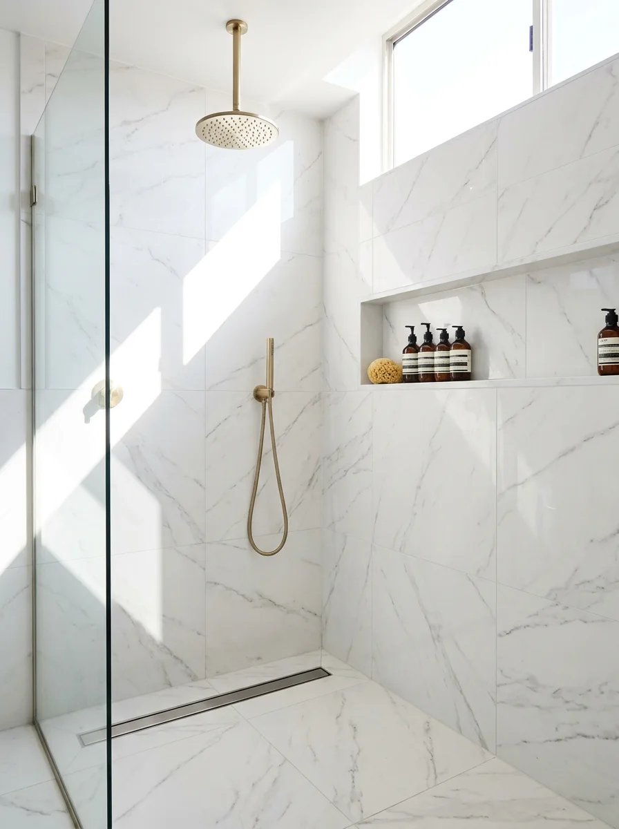 Walk-in shower with marble-look tile and brass fixtures