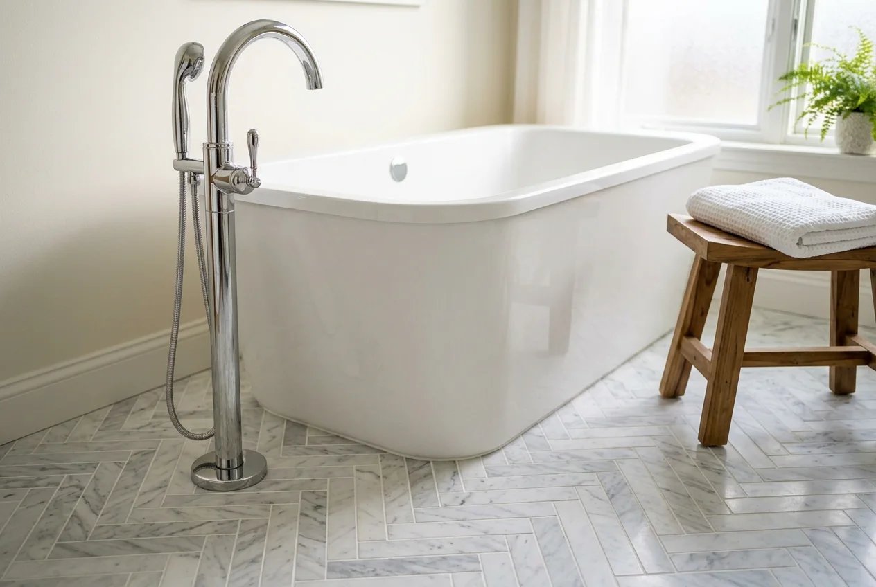 Freestanding tub and herringbone tile detail by Adept
