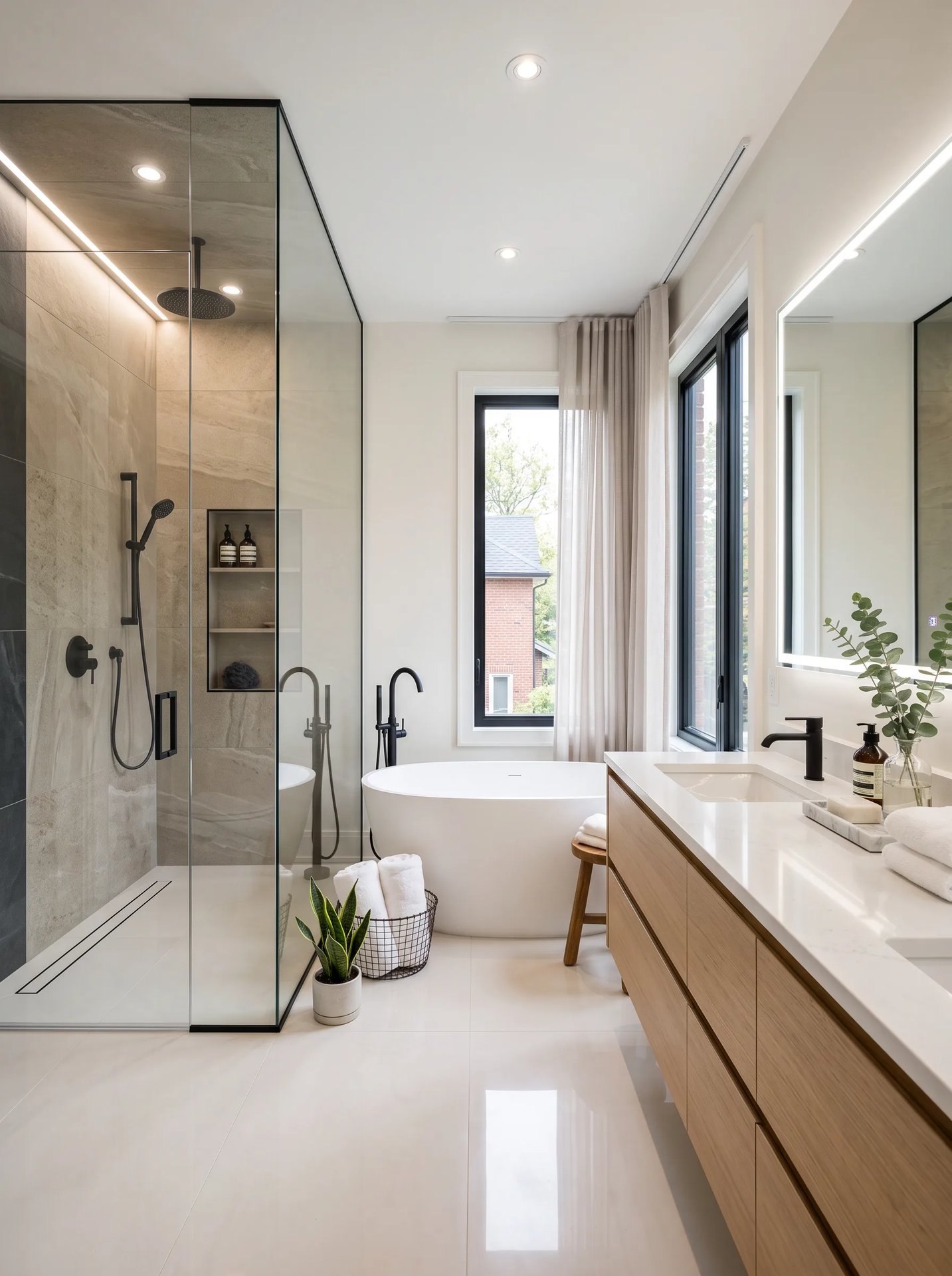 Finished East York bathroom renovation with glass shower, freestanding tub, and oak vanity