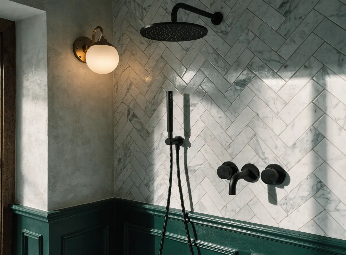 Matte black fixtures, herringbone marble tile, and brass sconce in a modern East York bathroom