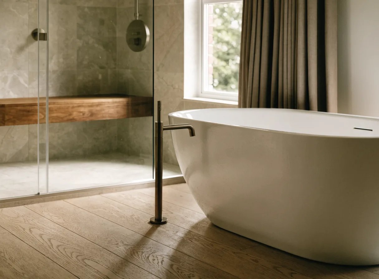 Freestanding matte white tub, heated floors, and walk-in shower in a Leaside ensuite