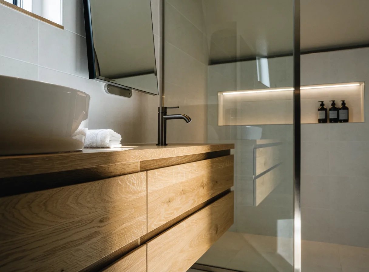 Floating oak vanity and lit recessed shower niche in a compact East York bathroom