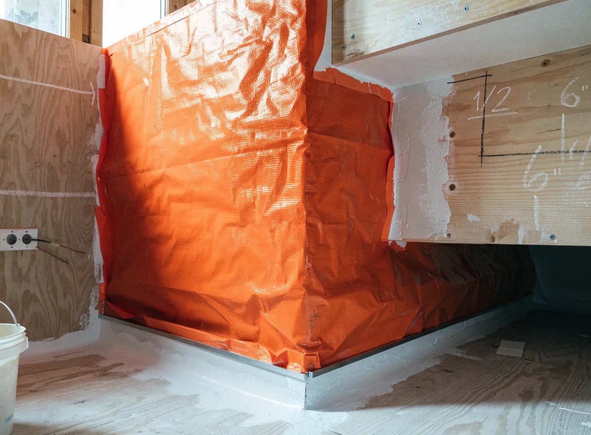 Orange waterproofing membrane installed on shower walls during an East York bathroom renovation