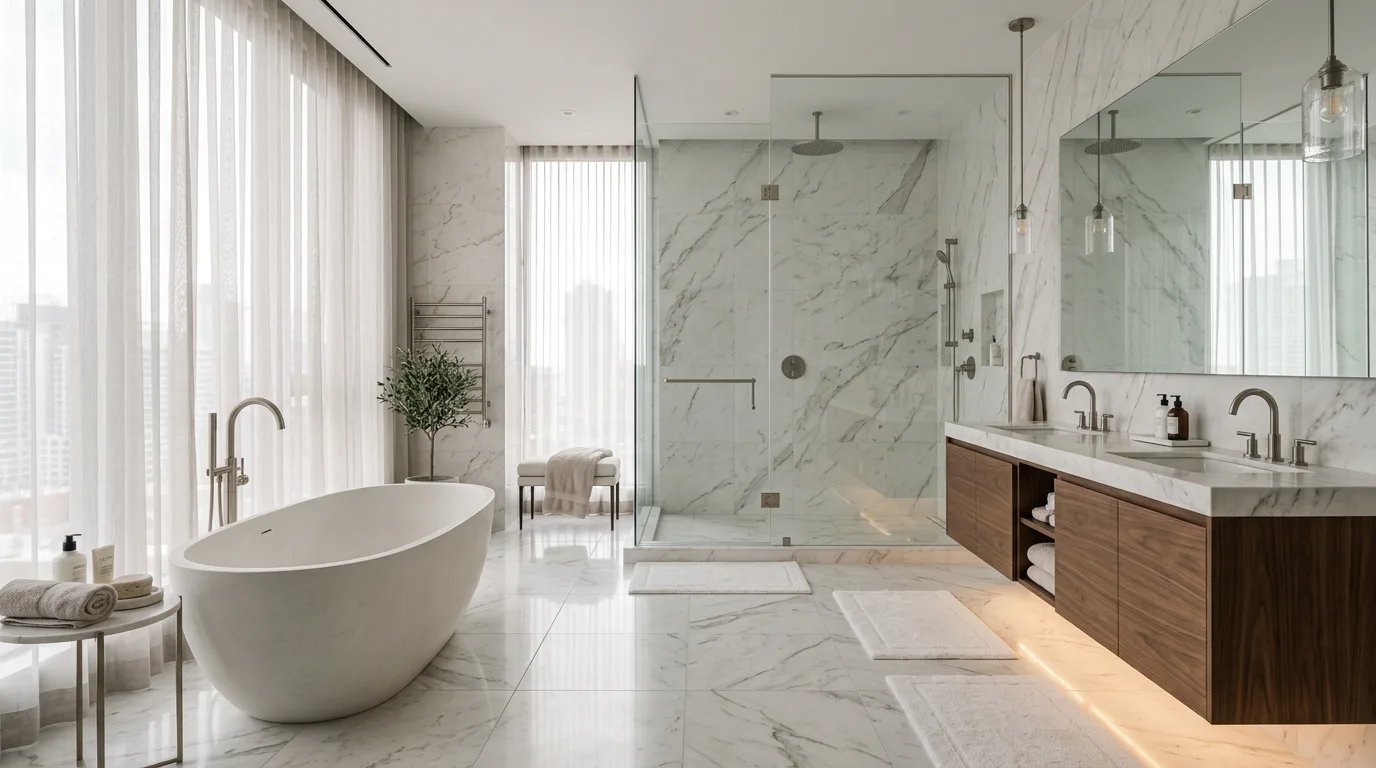 High-end East York ensuite bathroom with freestanding tub and spa shower