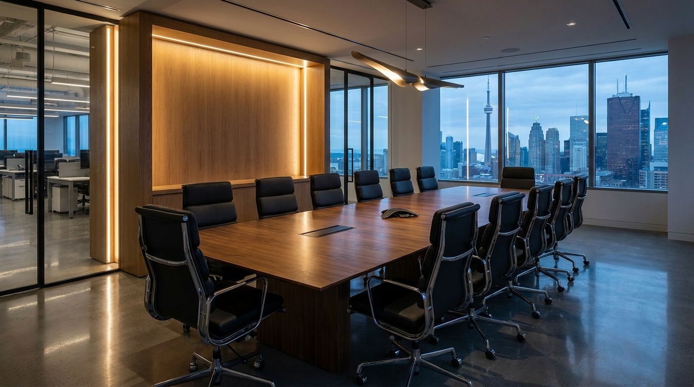 High-end Toronto office boardroom with walnut table and oak feature wall