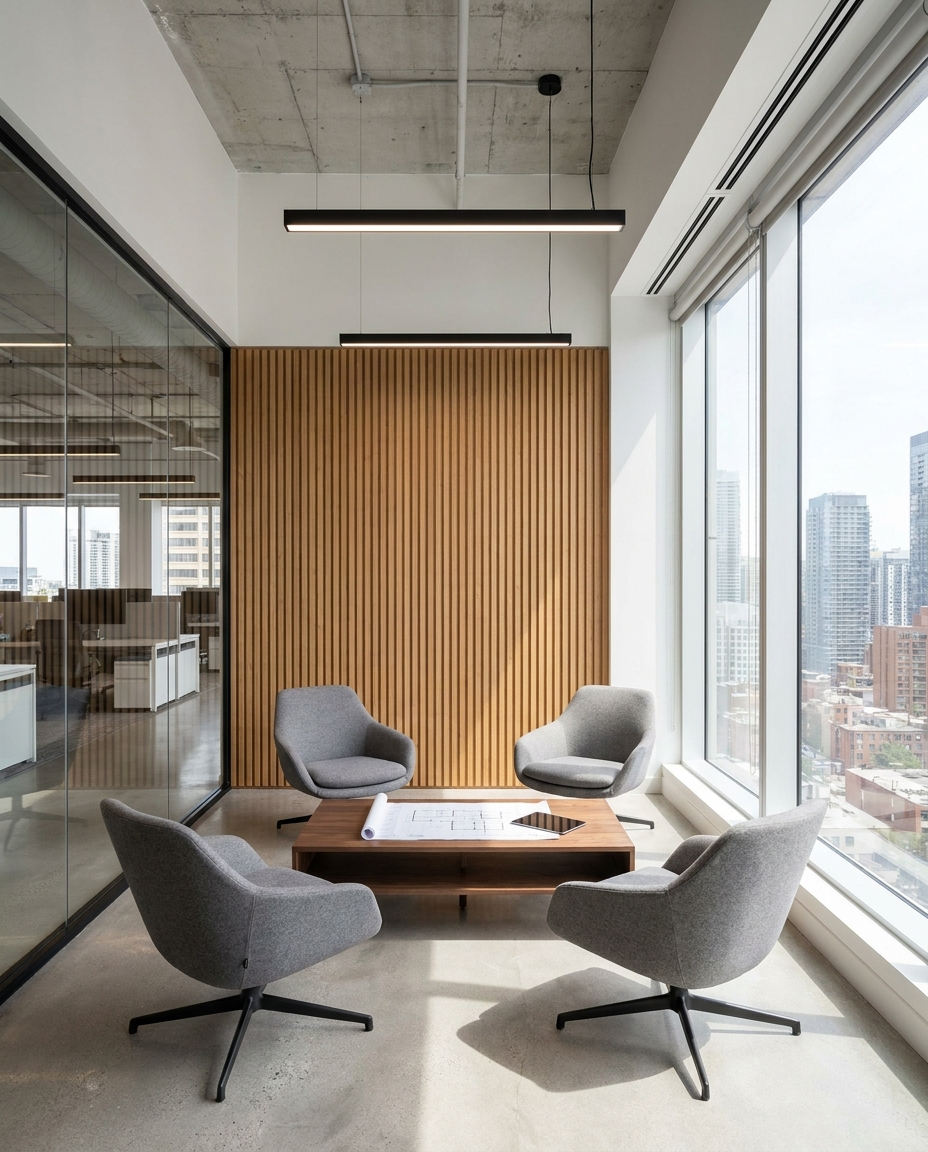 Toronto commercial office fit-out with meeting room, oak millwork, and glass demising wall