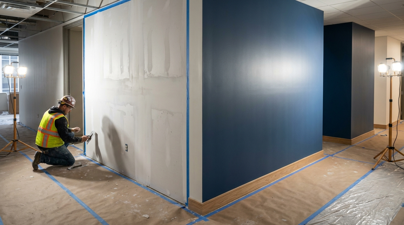 Commercial interior mid-construction transitioning from drywall to finished paint