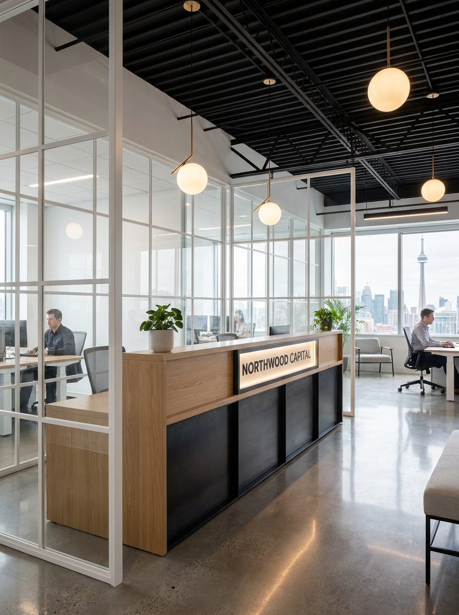 Modern open-plan office fit-out in Toronto with oak reception desk