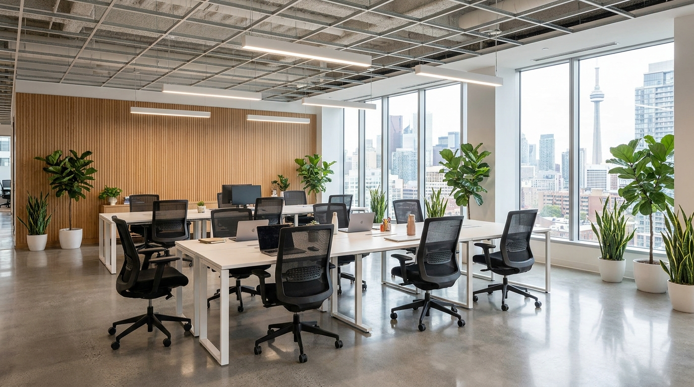 Bright open-plan Toronto office workspace after commercial renovation