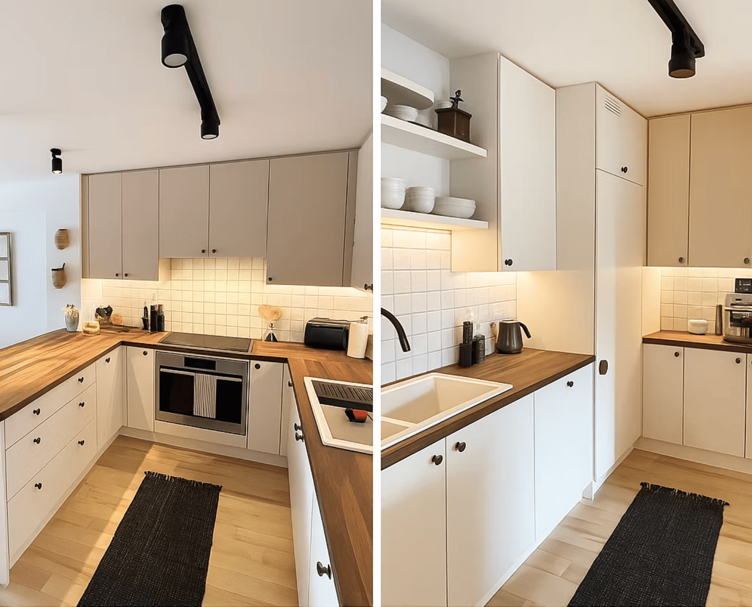 Custom kitchen renovation in Leslieville, Toronto - full room view with island and seating
