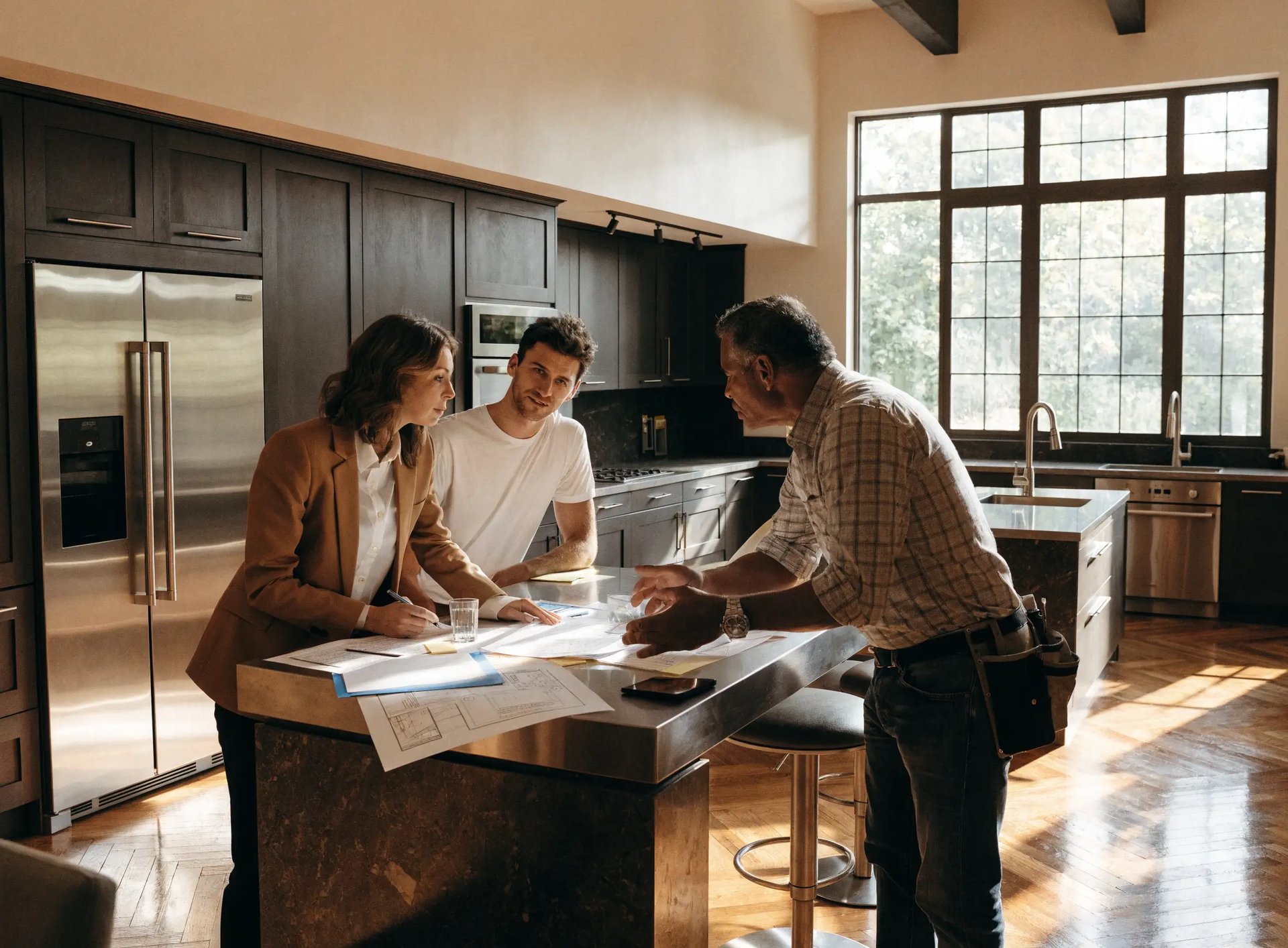 Homeowner couple reviewing kitchen renovation plans with a contractor