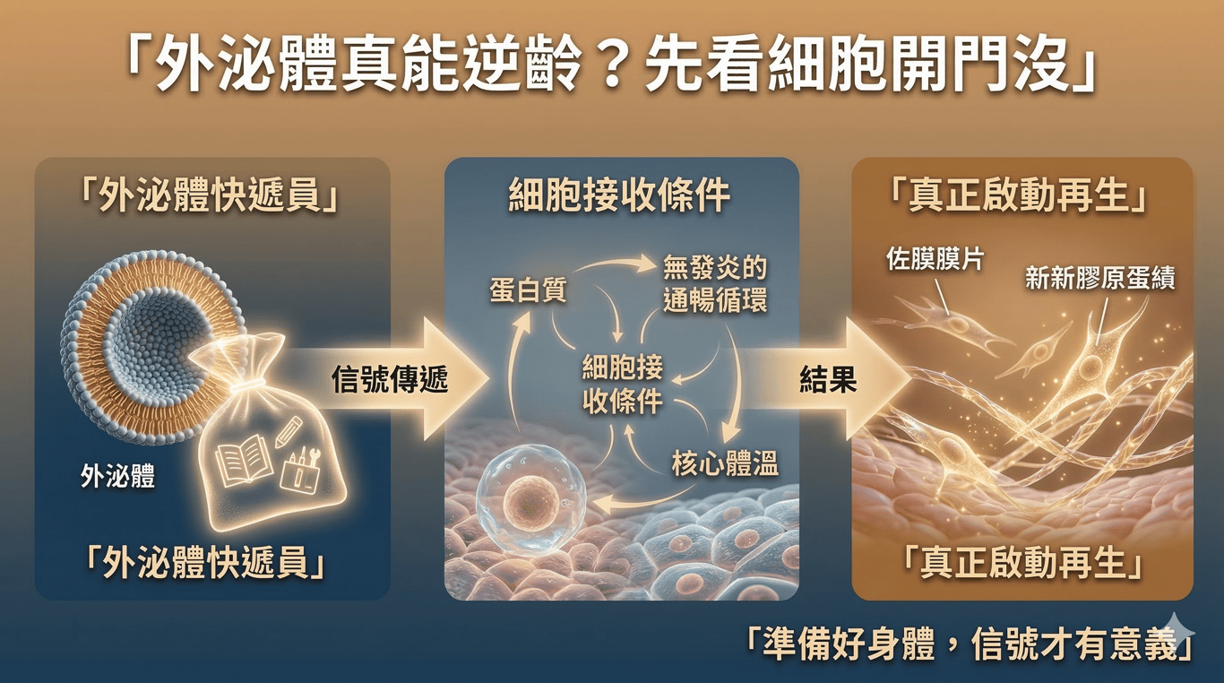 資訊圖表 — 外泌體保養品真能逆齡？快遞員再快，也送不進沒開門的細胞