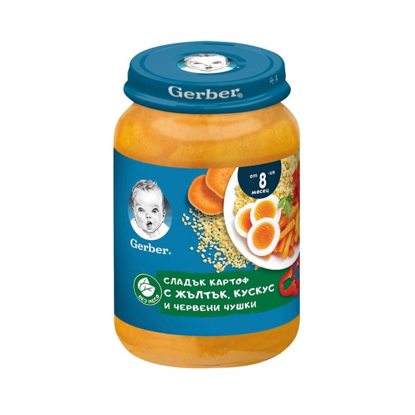 Gerber пюре СЛАДЪК КАРТОФ жълтЪК ЧЕРВЕНА ЧУШКА КУС КУС 12Х19