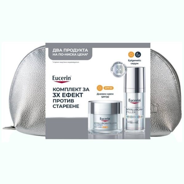 Комплект Eucerin Hyaluron-Filler Дневен крем за всеки тип кожа SPF30 х50 мл + Epigenetic Антиейдж серум за лице х30 + несесер
