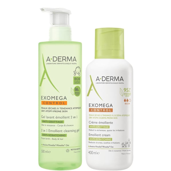 Комплект A-Derma Exomega Control Емолиентен крем за лице и тяло x400 мл + 2в1 Емолиентен почистващ гел x500 мл