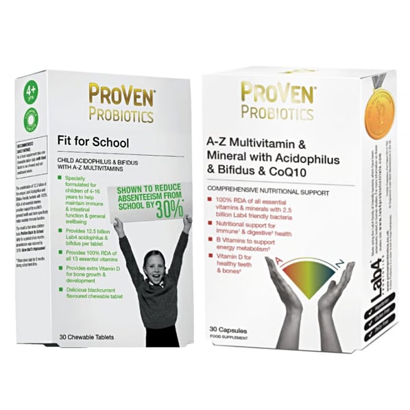 Комплект Proven Фит фор скул x30 дъвчащи таблетки с подсладител + А-З Мултивитамини и минерали с ацидофилус и бифидус и ко-Ензим Q10 x30 капсули