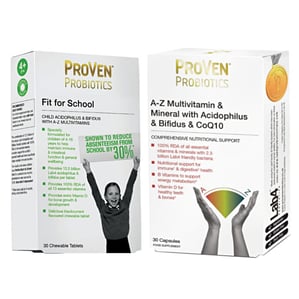 Комплект Proven Фит фор скул x30 дъвчащи таблетки с подсладител + А-З Мултивитамини и минерали с ацидофилус и бифидус и ко-Ензим Q10 x30 капсули