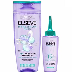 Комплект Elseve Hyaluron Pure Хидратиращ шампоан за мазен скалп и сухи краища x400 мл + Серум за коса за омазняващ се скалп x102 мл