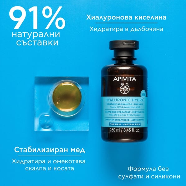 Apivita Hyaluronic Hydra Хидратиращ шампоан за тънка коса x250 мл