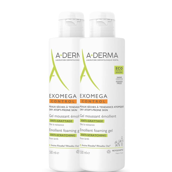 Комплект A-Derma Exomega Control Емолиентен пенещ се гел 2х500 мл