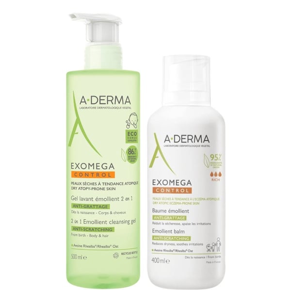 Комплект A-Derma Exomega Control Емолиентен балсам против разчесване х400 мл + 2в1 Емолиентен почистващ гел х500 мл