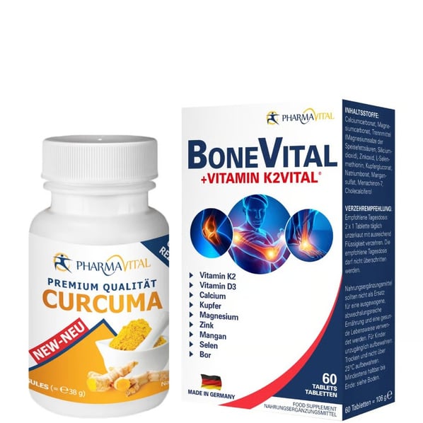 Комплект PharmaVital Bone Vital + Vitamin K2 за кости и зъби x60 таблетки + Curcuma за добро храносмилане x60 капсули