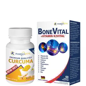 Комплект PharmaVital Bone Vital + Vitamin K2 за кости и зъби x60 таблетки + Curcuma за добро храносмилане x60 капсули
