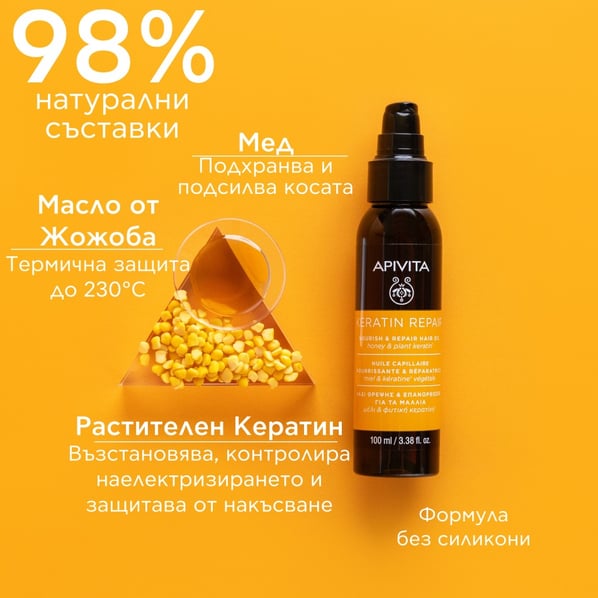 Apivita Keratin Repair Подхранващо олио за суха и увредена коса x100 мл