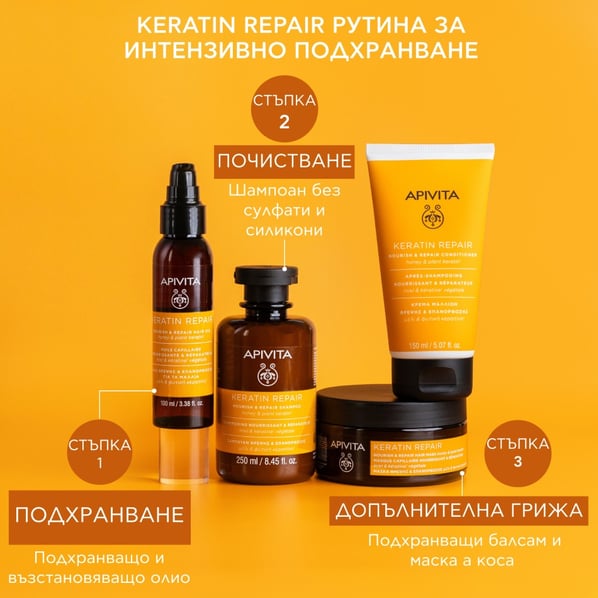 Apivita Keratin Repair Подхранващо олио за суха и увредена коса x100 мл