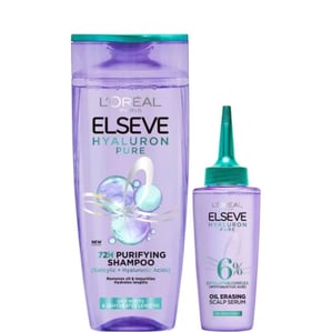 Комплект Elseve Hyaluron Pure Хидратиращ шампоан за мазен скалп и сухи краища x250 мл + Серум за коса за омазняващ се скалп x102 мл