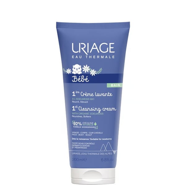 Uriage Bebe 1er Нежен пенлив душ-крем за бебета и деца за лице, тяло и коса с органичен еделвайс x200 мл