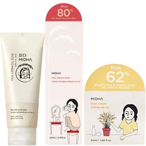 Комплект Midha Rice Bran Почистваща скраб с оризови трици x150 мл + Тоник за мазна и чувстителна кожа x200 мл + Крем с оризов екстракт x50 мл