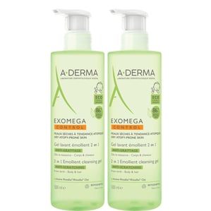 Комплект A-Derma Exomega Control 2в1 Емолиентен почистващ гел 2х500 мл