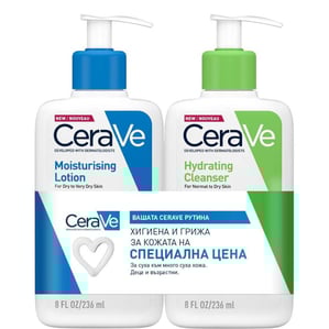 Комплект CeraVe Хидратиращ лосион за суха кожа х236 мл + Хидратиращ измиващ крем х236 мл