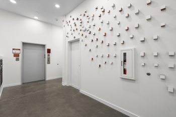 Apartment building hallway with a large elevator, multiple doors, concrete floor, and modern wall...