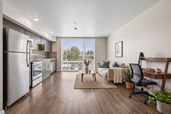 Open-concept apartment living room and linear kitchen with wood-style floors, stainless appliances, and a large window.